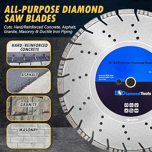 14" All Purpose Diamond Saw Blades for Hard/Reinforced Concrete, Asphalt, Granite, Terrazzo, Ductile Iron Piping, 4-5/8" Cutting Depth, 1" Arbor