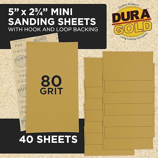 Dura-Gold Premium 5" x 2.75" Gold Sandpaper Sheets, 80 Grit (Box of 40) - Hook & Loop Backing, Wood Furniture Woodworking, Auto Paint - for Palm Sanders, Clip-On, Hand Sanding Blocks