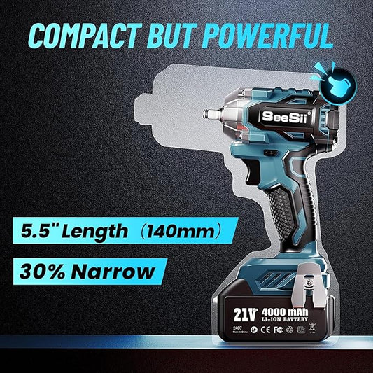 Seesii 3/8" Cordless Impact Wrench, Power Impact Gun w/Max Torque 330Ft-lbs(450N.m), 4.0Ah Rechargable Battery & 4 Sockets, Compact Power Impact Wrench for Lightduty Work Car Home,WH450