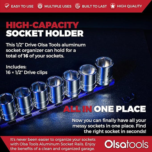 Olsa Tools 1/2-Inch Drive Aluminum Socket Organizer with Locking End Caps | Professional Quality Socket Holder (BLUE)