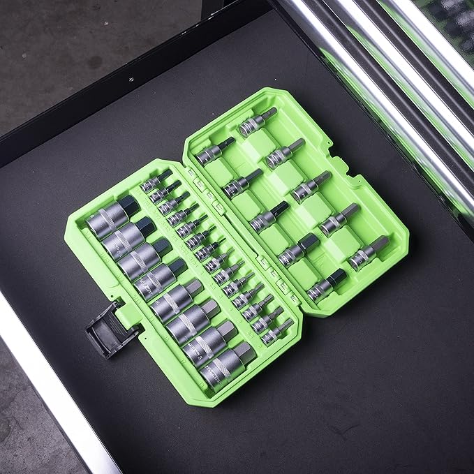 OEMTOOLS 22989 32 Piece Hex Bit Socket Set, SAE and Metric Bit Sockets, 1/2", 1/4", and 3/8" Drive Hex Bit Socket Set Metric and SAE Included