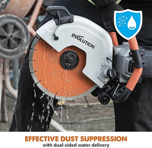 Evolution R12DCT 12 Inch Concrete Saw with Water Fed Dust Suppression (Aka Angle Grinder, Cut Off Saw, Masonry) Electric, No Gas, 4-1/2" Cut - Incl Premium Diamond Blade (Formerly R300DCT+)