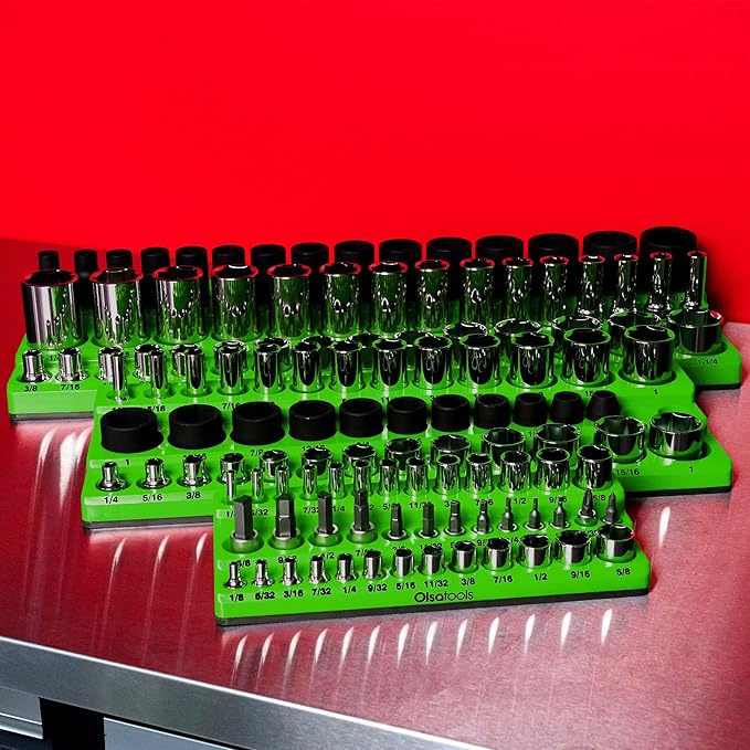 Olsa Tools Magnetic Socket Organizer - 1/4-Inch Drive, 3 Row - Holds 39 SAE Green Sockets - Professional Grade, Part: 1548