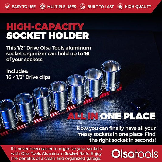 Olsa Tools Socket Organizer - 1/2-Inch Drive Socket Holder Rail - Red Aluminum Rail Stores 16 Impact or Chrome Sockets - Professional Grade Metric or SAE Socket Organizer - Part: 1012
