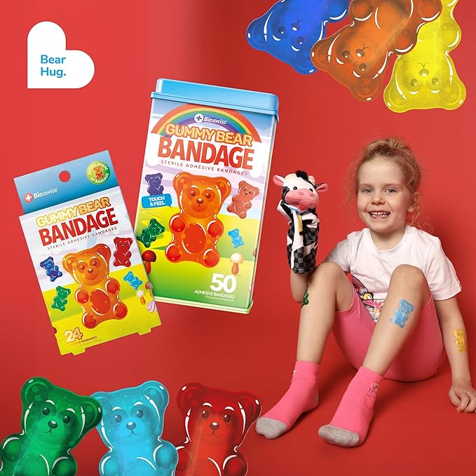 BioSwiss Bandages, Gummy Bear Shaped Self Adhesive Bandage Set, Latex Free, Sterile Wound Care, 50 Count