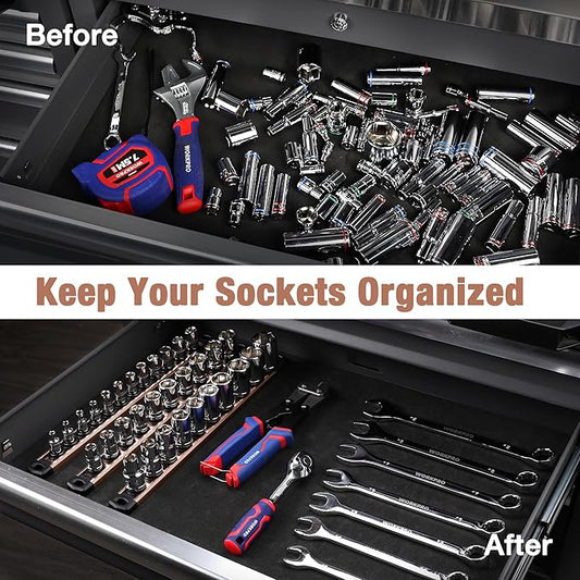 WORKPRO Magnetic Socket Organizer, 1/2-Inch Drive Aluminum Alloy Socket Rail, Heavy Duty Socket Holder, Socket Rack Kit 1/2-Inch x 10 Clips Champagne (Socket not Included)