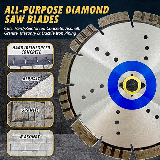 7" All Purpose Diamond Saw Blades for Hard/Reinforced Concrete, Asphalt, Granite, Terrazzo, Ductile Iron Piping, 2-5/8" Cutting Depth, DM 7/8"-5/8" Arbor