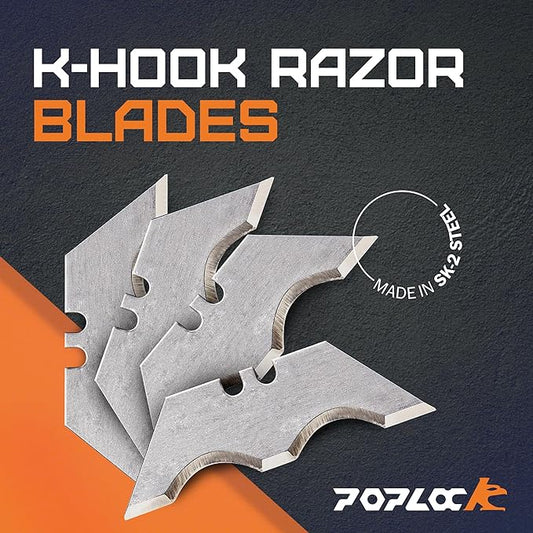 Poplock Hook Blades for Utility Knife, 20 Pack SK2 Steel Hook Utility Knife Blades, Long-Lasting Wide R-Curve Design for Roofing, Carpet & Cardboard ??Fits Standard Box Cutters