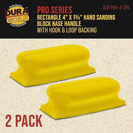 Dura-Gold Pro Series Rectangle 4" x 1-3/4" Hand Sanding Block Base Handle with Hook & Loop Backing, 2 Pack - Attach Pad to Contoured 4" Sanding Blocks Sandpaper - Sand Wood Woodworking Furniture Paint