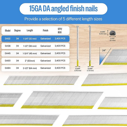 meite 15 Gauge Angled Finish Nails 1-1/4 Inch 34 Degree Nails for Pneumatic Electric Finish Nailer, Galvanized No-Rust Mini-Head Finishing Nail for Cabinet Crown Baseboard Window Casing, 19,200 PCS