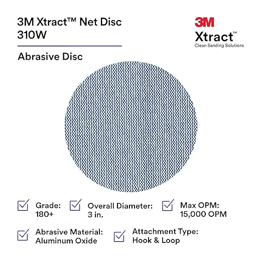 3M Xtract Net Disc 310W, 180+, 3 in, Die 300V, Pack of 50 Hook and Loop Sanding Discs, Virtually Dust-Free, Value Option for Metal, Wood, Composites, Stock Removal, and Fine Finishing