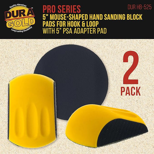 Dura-Gold Pro Series 5" Mouse-Shaped Hand Sanding Block Pad for Hook & Loop and PSA 5" DA Sanding Discs, 2 Pack - PSA Sandpaper Conversion Adapter Pad - Automotive Car Sand Wood Woodworking Furniture