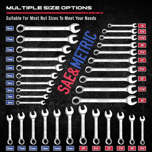 32-Piece Combination Wrench Sets SAE & Metric, Open-Box-End Combination Stubby Wrench Set Includes 20 Standard and 12 Stubby Wrenches, Open End and 12-Point Box End Wrench Set with Organizer Box