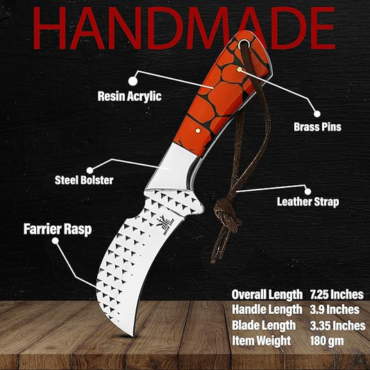 Farrier Rasp Steel Hawkbill Knife, Fixed Blade Full Tang, Leather Sheath, Wire Skinning Utility Knife for Lineman