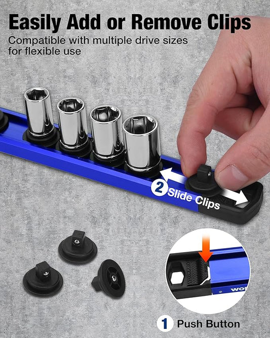 WORKPRO Magnetic Socket Organizer Set, 1/2" 3/8" 1/4" Drive Aluminum Alloy Socket Holder with Removable Socket Clip for Quick Customization, 3PC Socket Rail for Tool Box Drawer (Sockets Excluded)