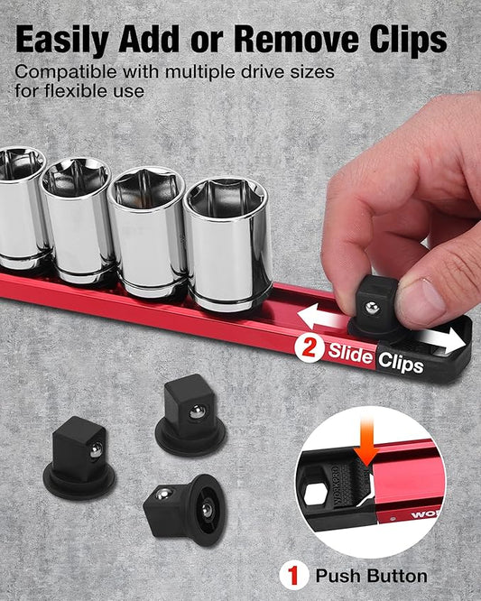 WORKPRO Magnetic Socket Organizer, 1/2" Drive Aluminum Alloy Socket Holder with 10 PC Removable Socket Clips for Quick Customization, Socket Rail for Tool Box Drawer (Sockets Not Included)