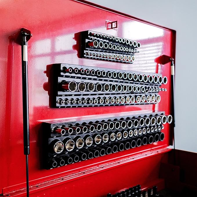 Olsa Tools Magnetic Socket Organizer (3/8-Inch Drive, 3 Row) - Magnetic Tool Organizer & Socket Holder - Tool Box Socket Organizers - Metric Black - Holds 54 Sockets - Professional Grade - Part: 1553