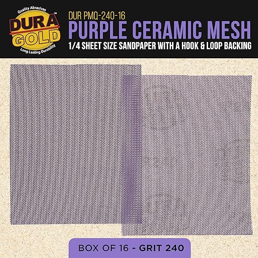 Dura-Gold Premium 240 Grit 1/4 Sheet Size Purple Ceramic Mesh Sandpaper, Box of 16-4.5" x 5.5" Dustless Hook & Loop Backing, Palm Sanders, Sanding Blocks - Long-Lasting Fast Cut - Woodworking, Auto