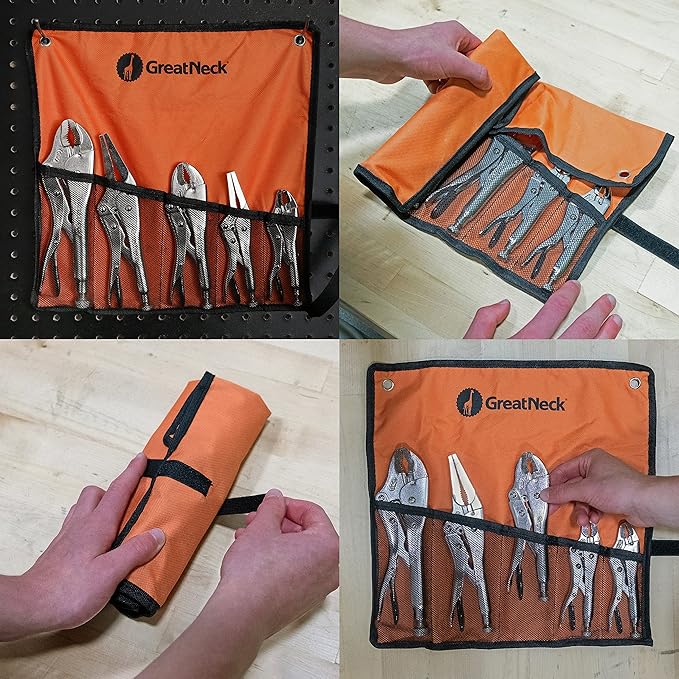 GreatNeck 74230 5-Piece Locking Plier Set ??Curved & Long Nose Pliers with Plastisol Trigger Release, Diagonal Tooth Grip, Wire Cutter & Storage Pouch ??Durable Alloy Steel Construction