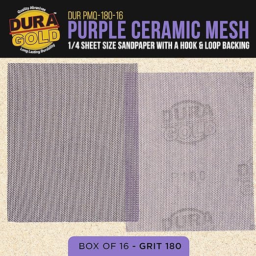 Dura-Gold Premium 180 Grit 1/4 Sheet Size Purple Ceramic Mesh Sandpaper, Box of 16-4.5" x 5.5" Dustless Hook & Loop Backing, Palm Sanders, Sanding Blocks - Long-Lasting Fast Cut - Woodworking, Auto