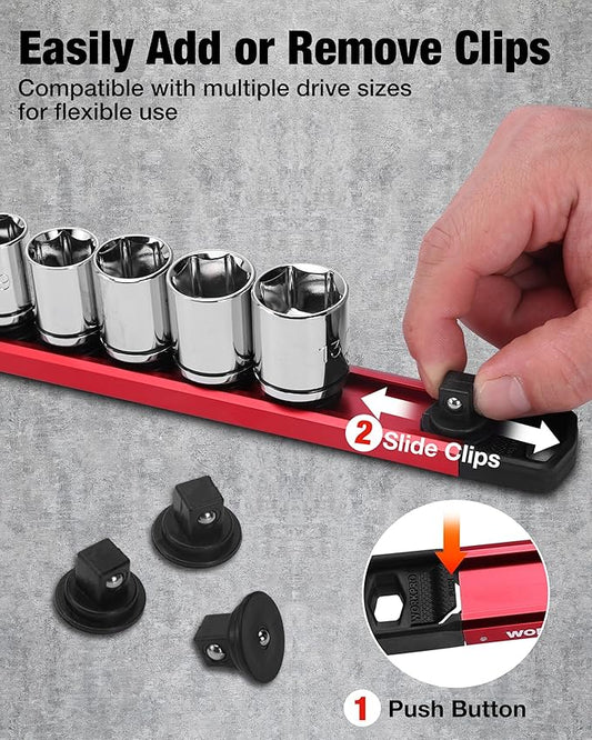 WORKPRO Magnetic Socket Organizer, 3/8" Drive Aluminum Alloy Socket Holder with 10PC Removable Socket Clips for Quick Customization, Socket Rail for Tool Box Drawer (Sockets Not Included)