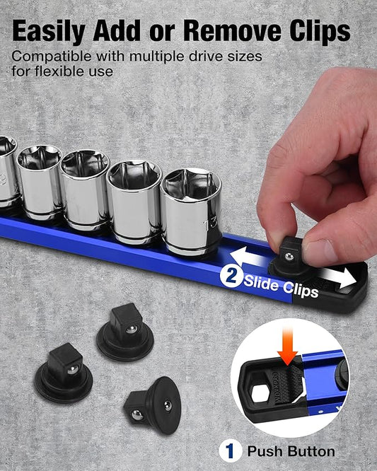 WORKPRO Magnetic Socket Organizer, 3/8" Drive Aluminum Alloy Socket Holder with 10PC Removable Socket Clips for Quick Customization, Socket Rail for Tool Box Drawer (Sockets Not Included)
