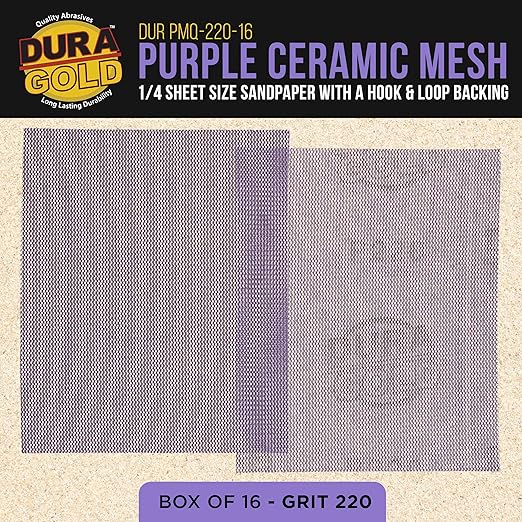Dura-Gold Premium 220 Grit 1/4 Sheet Size Purple Ceramic Mesh Sandpaper, Box of 16-4.5" x 5.5" Dustless Hook & Loop Backing, Palm Sanders, Sanding Blocks - Long-Lasting Fast Cut - Woodworking, Auto