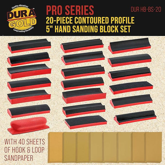 Dura-Gold 20-Piece Contoured Profile 5" Hand Sanding Block Set with 40 Sheet Hook & Loop Sandpaper Kit - Interchangeable Assorted Convex & Concave Shapes - Sand Wood Woodworking Furniture, Auto Paint