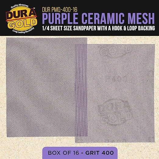 Dura-Gold Premium 400 Grit 1/4 Sheet Size Purple Ceramic Mesh Sandpaper, Box of 16-4.5" x 5.5" Dustless Hook & Loop Backing, Palm Sanders, Sanding Blocks - Long-Lasting Fast Cut - Woodworking, Auto