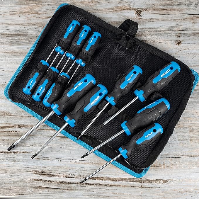 NEIKO 01377A Magnetic Torx Screwdriver Set | 12 Piece | T5 ??T40 | 6 Point Star Head Driver | Heat Treated Chrome Vanadium Steel | Non Slip Cushioned Handle Grip | Magnet Bit Tip | Carrying Pouch