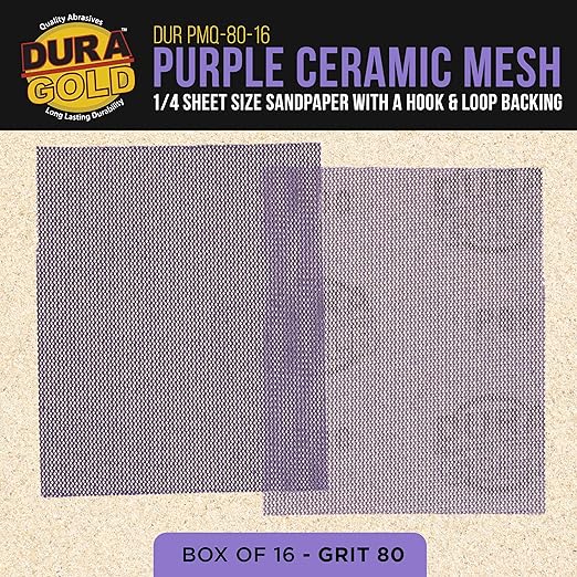 Dura-Gold Premium 80 Grit 1/4 Sheet Size Purple Ceramic Mesh Sandpaper, Box of 16-4.5" x 5.5" Dustless Hook & Loop Backing, Palm Sanders, Sanding Blocks - Long-Lasting Fast Cut - Woodworking, Auto