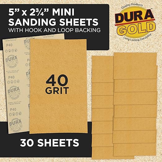 Dura-Gold Premium 5" x 2.75" Gold Sandpaper Sheets, 40 Grit (Box of 30) - Hook & Loop Backing, Wood Furniture Woodworking, Auto Paint - for Palm Sanders, Clip-On, Hand Sanding Blocks