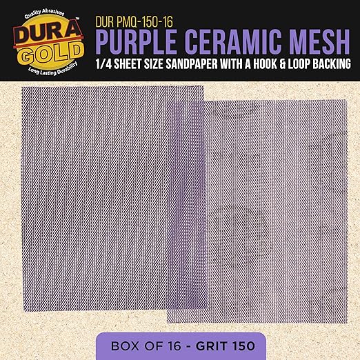Dura-Gold Premium 150 Grit 1/4 Sheet Size Purple Ceramic Mesh Sandpaper, Box of 16-4.5" x 5.5" Dustless Hook & Loop Backing, Palm Sanders, Sanding Blocks - Long-Lasting Fast Cut - Woodworking, Auto