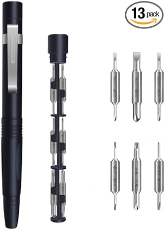 13 in 1 Magnetic Precision Screwdriver Pen, Aluminum EDC Mini Screwdriver Set with 6 Double-Ended Bits, Hidden Storage Design for Eyeglasses, Watches, iPhone, Laptop & Electronics Repair (13IN1-Grey)