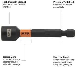 Railer Nut Driver Set - Premium 4 Inch 5-Piece Nutsetter Bit Set With A Storage Bit Holder & Carabiner