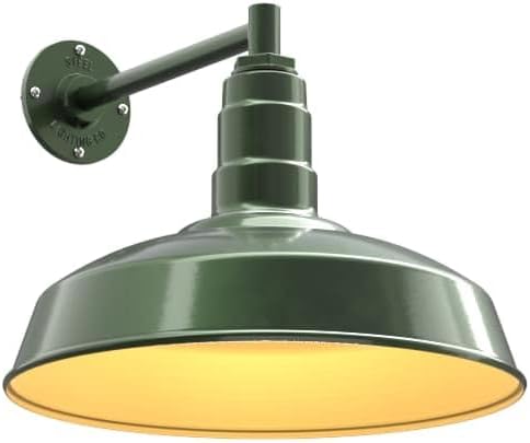Steel Lighting Co. | Dusk to Dawn | Gardena Barn Light | Outdoor Wall Mounted | 16" Dome | 11" Straight Arm | Farmhouse Light Made in America | Hunter Green/Brass