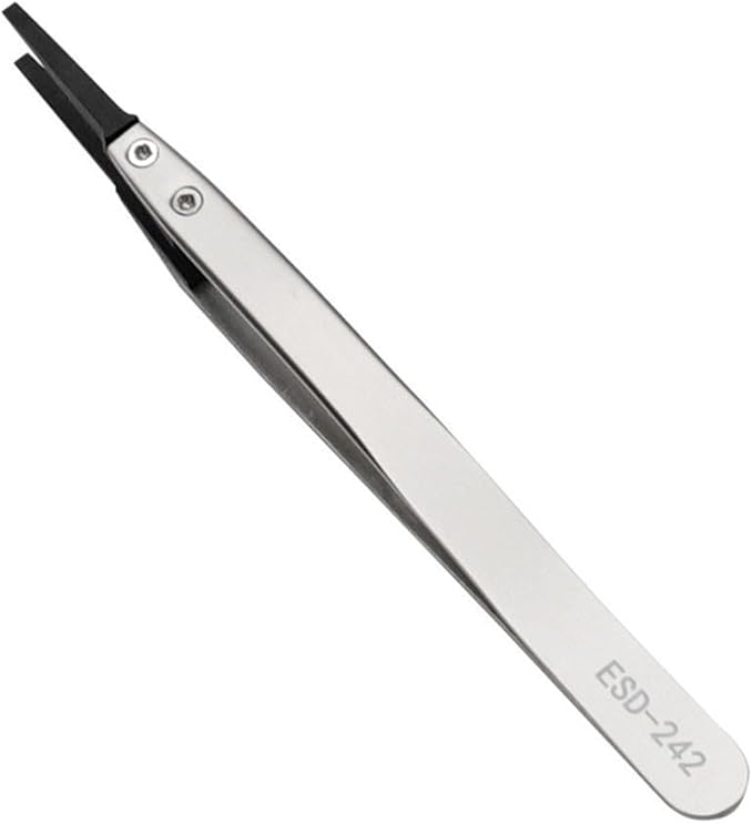 Precision Anti-Static ESD Tweezers for Electronics Repair, Industrial Metal Tweezers for Circuit Board, Mobile Phone, and Clock Maintenance, Silver Black Color(ESD-242)