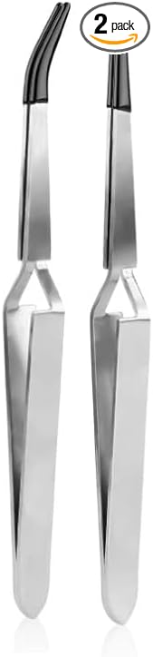 2Pcs Silver Craft Tweezers,Reverse Stainless Steel Cross Locking Tweezers Reverse Action Tweezers Straight and Bend Curved Pointed Rubber Cross Lock Soldering Tweezers,Industrial Tweezers,Hand Tools
