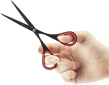 ALLEX Small Black Scissors for Office 5.5" [Non-Stick], All Purpose Slim & Thin Low Profile Scissors, Made in JAPAN, All Metal Japanese Stainless Steel Blade with Non-Slip Soft Ring, Black Red
