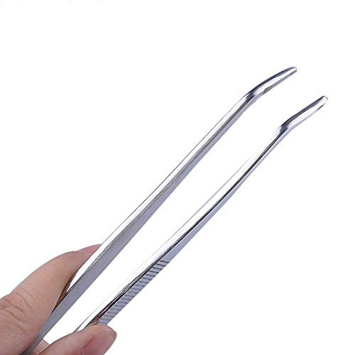 10 Inch Bent Tip Long Forceps Tweezers, Serrated Flat Tips Precision Curved Surgical Tongs Jewelers Needle Metal Sewing Sharp Kitchen Cooking Tweezers With Teeth Knurled Handles (1PCS-250mm)