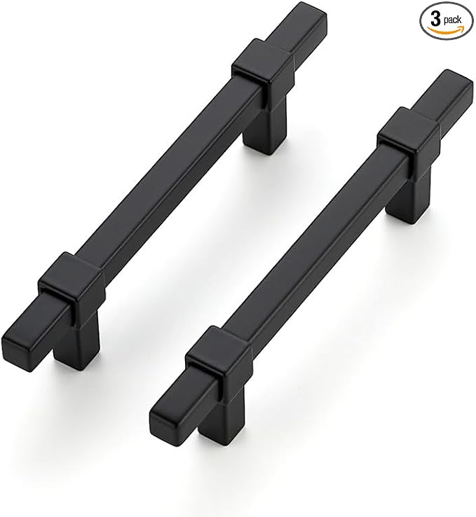 3 Pack Black Cabinet Handles - 3-3/4" Hole Center Cabinet Pulls Matte Black Drawer Pulls Cabinet Hardware Kitchen Handles for Cabinets
