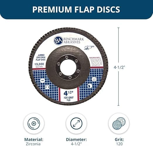 Benchmark Abrasives 4.5" x 7/8" Premium High Density Jumbo Zirconia Type 29 Flap Discs, Sanding Rust Removal Finishing Grinding Deburring Blending Abrasive Grinder Discs (100 Pack) - 120 Grit