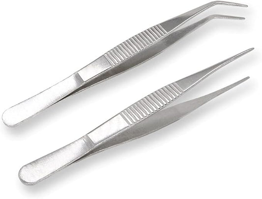 5 Inch Stainless Steel Tweezers with Straight and Curved Serrated Tip Multipurpose Forceps for Craft Repairing 2 Pack