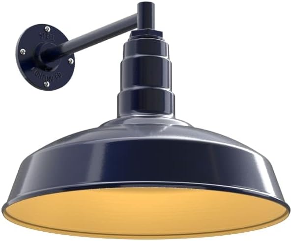 Steel Lighting Co. | Dusk to Dawn | Gardena Barn Light | Outdoor Wall Mounted | 16" Dome | 11" Straight Arm | Farmhouse Light Made in America | Navy Blue/Brass