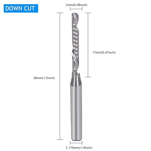 1/8 Inch Down Cut Single Flute (O Flute) Spiral End Mill CNC Router Bits ,with 0.08 Inch (2mm) Cutting Dia竊?3/64 Inch (17mm) Cutting Length for Acrylic PVC MDF Wood Pack of 5
