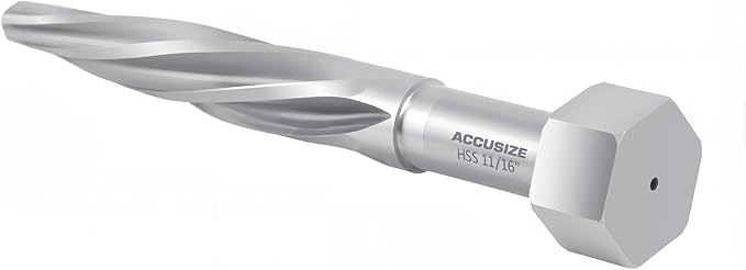 Accusize Industrial Tools H.S.S. Aligning Reamer - 11/16'' Diameter, 4-1/2'' Flute Length, 6-1/2'' OAL, Hex Shank, Spiral Flute, 0523-6025