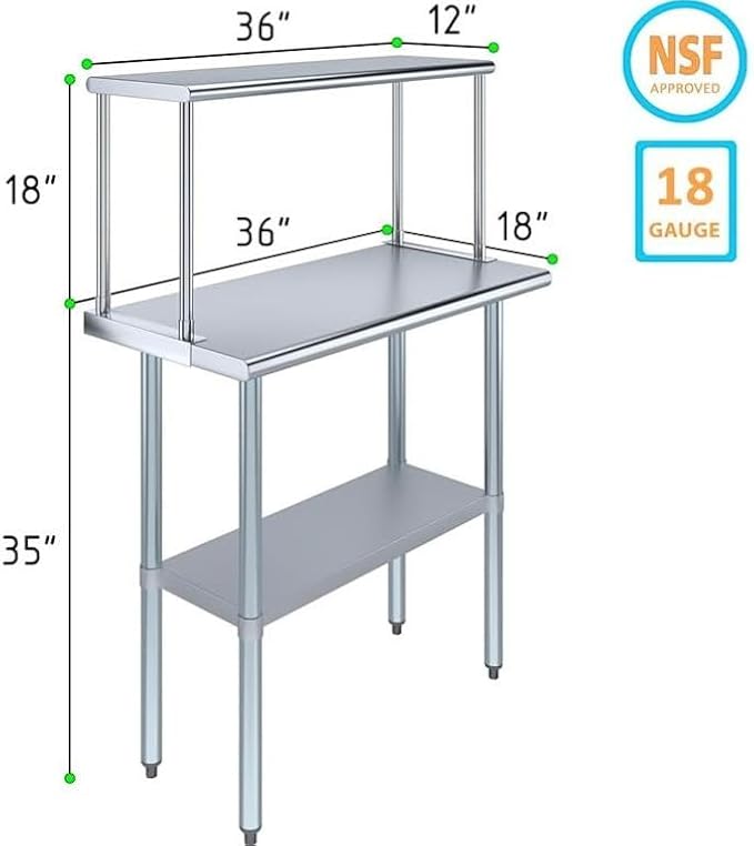 Stainless Steel Work Table with Wide Single Tier Overshelf | Metal Kitchen Prep Table & Shelving Combo (18" x 36" Work Table + 12" Overshelf)