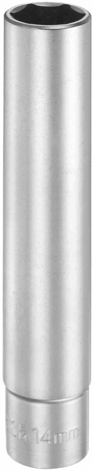 HARFINGTON 6 Points Deep Socket 3/8" Drive 14mm Deep Metric CR-V Steel Polished Nickel Plating Flip Sleeve 120mm / 4.7" Extra Long Socket Tool for Home Auto Nuts Bolts Repair