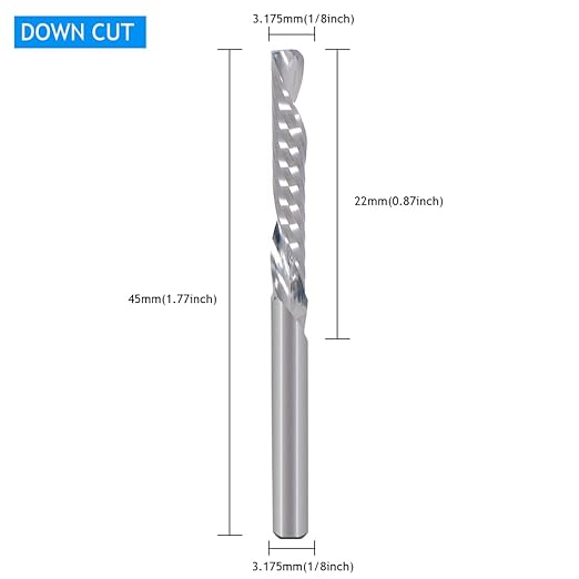 1/8 Inch Down Cut Single Flute (O Flute) Spiral End Mill CNC Router Bits,with 1/8 Inch Cutting Dia竊?/4 Inch Cutting Length for Acrylic PVC MDF Wood Pack of 5