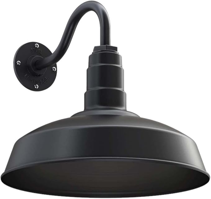 Steel Lighting Co. | Dusk to Dawn | Gardena Barn Light | Outdoor Wall Mounted | 16" Dome | 11" Gooseneck | Farmhouse Light Made in America | Matte Black Interior/Matte Black Exterior